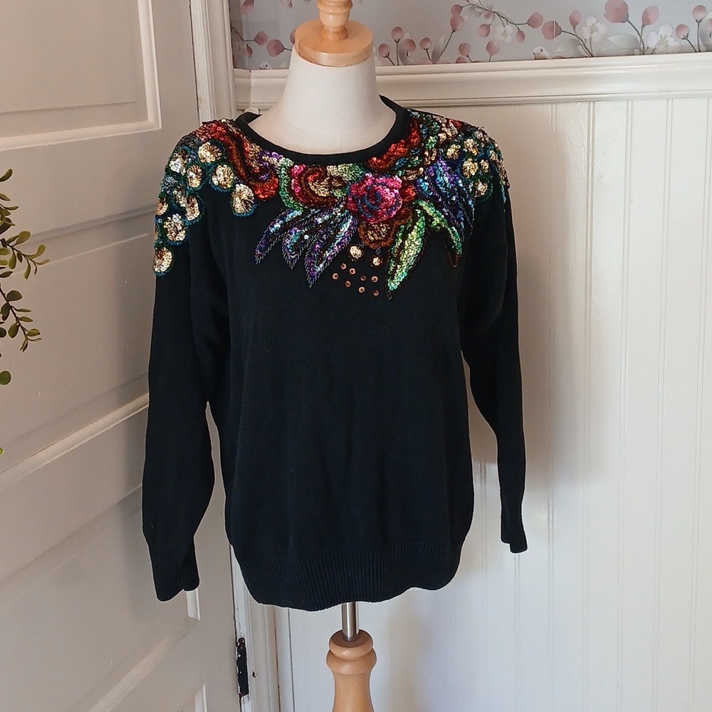 Vintage Victoria Harri Black Sequin Embellished Sweater Medium